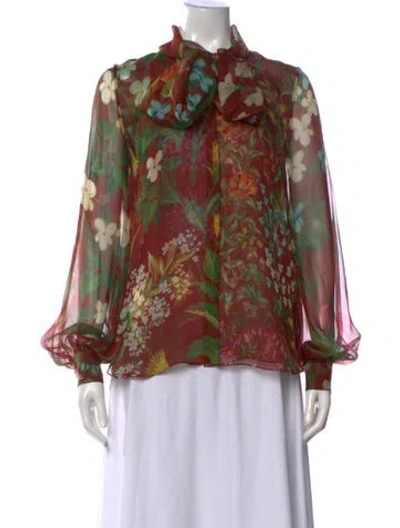 Pre-owned Oscar De La Renta Silk Floral Print Blouse W/ Tags In Brown