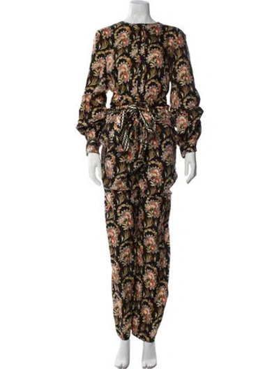 Pre-owned Oscar De La Renta Silk Floral Print Jumpsuit In Black