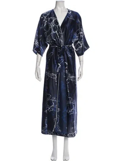 Pre-owned Oscar De La Renta Silk Floral Print Robe In Blue