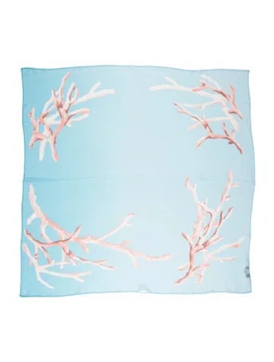 Pre-owned Oscar De La Renta Silk Floral Print Scarf In Blue