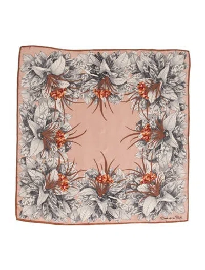 Pre-owned Oscar De La Renta Silk Floral Print Scarf In Neutral