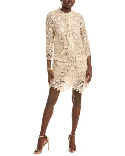 Oscar De La Renta Botanical Guipure Short-sleeve Mini Dress In Neutral