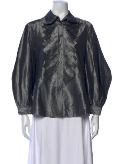 Pre-owned Oscar De La Renta Silk Long Sleeve Blouse In Silver