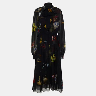 Pre-owned Oscar De La Renta Silk Midi Dress 12 In Black