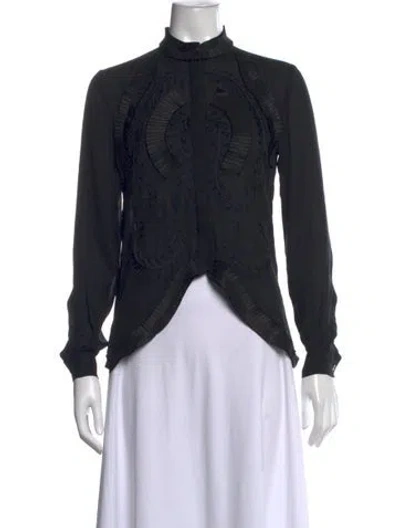 Pre-owned Oscar De La Renta Silk Mock Neck Blouse In Black