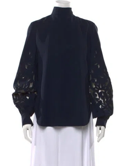 Pre-owned Oscar De La Renta Silk Mock Neck Blouse In Blue/neutrals