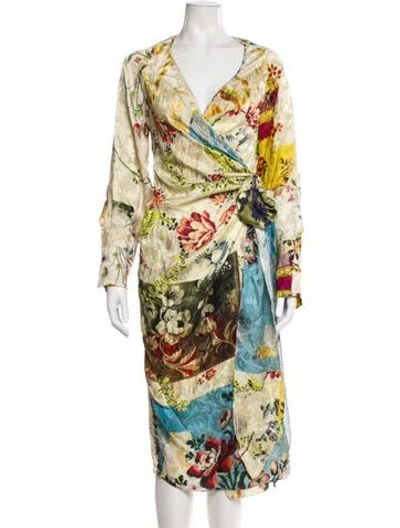 Pre-owned Oscar De La Renta Silk Printed Robe In Neutrals