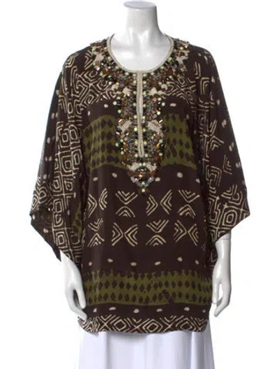 Pre-owned Oscar De La Renta Silk Printed Tunic In Brown