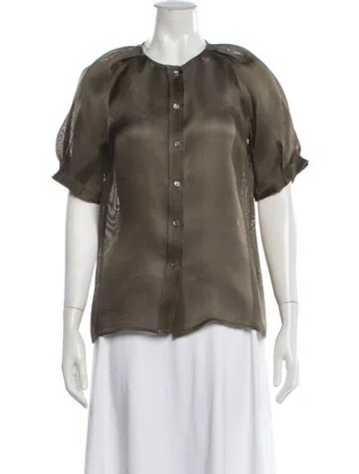 Pre-owned Oscar De La Renta Silk Short Sleeve Blouse In Green