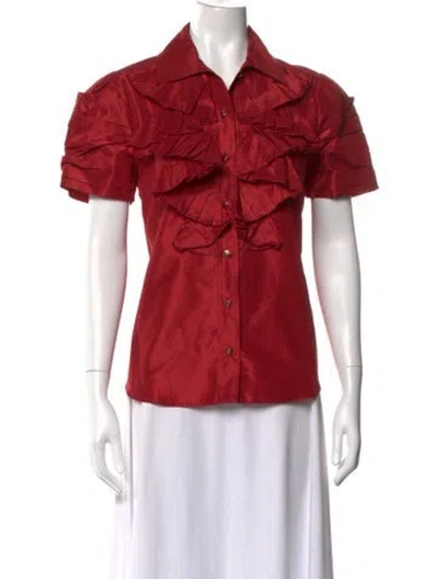 Pre-owned Oscar De La Renta Silk Short Sleeve Blouse In Red