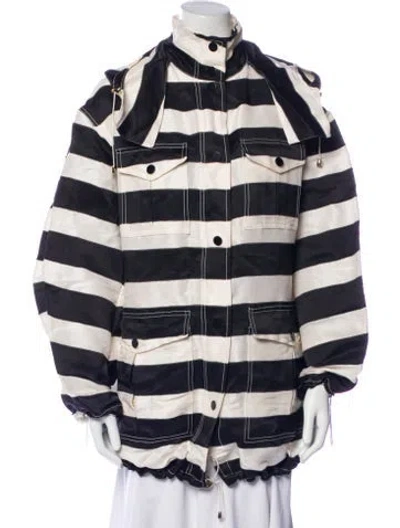 Pre-owned Oscar De La Renta Silk Striped Faux Fur Jacket In Black