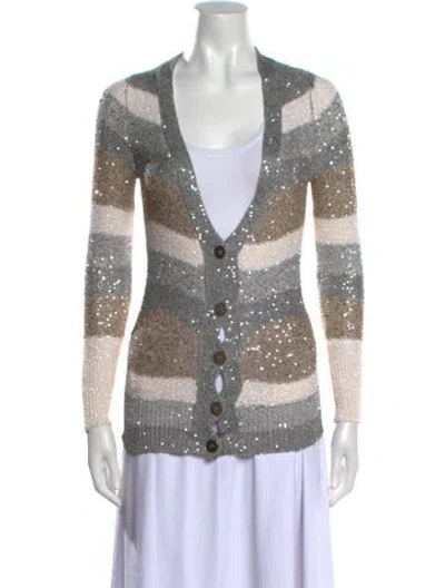 Pre-owned Oscar De La Renta Silk Striped Sweater In Gray