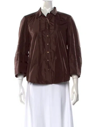 Pre-owned Oscar De La Renta Silk Three-quarter Sleeve Blouse In Brown