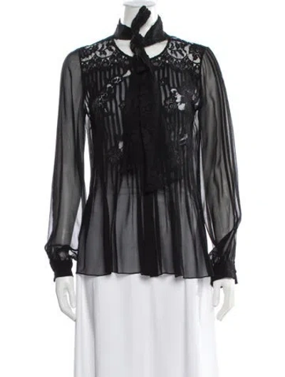 Pre-owned Oscar De La Renta Silk Tie Neck Blouse In Black