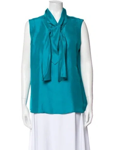 Pre-owned Oscar De La Renta Silk Tie Neck Blouse In Green