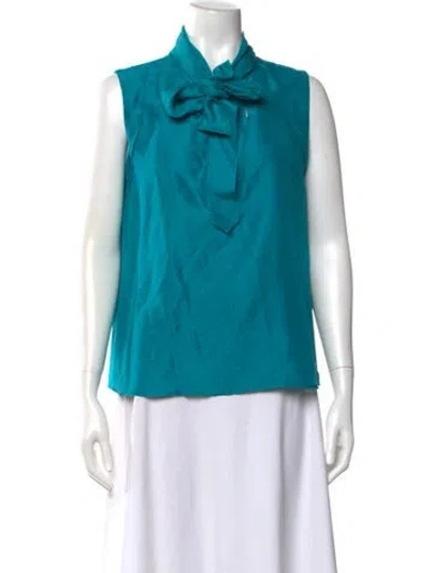 Pre-owned Oscar De La Renta Silk Tie Neck Blouse In Green