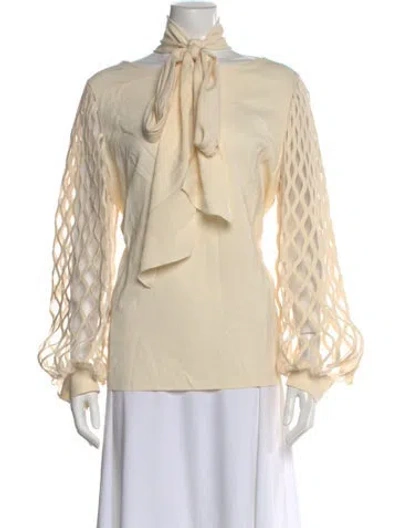 Pre-owned Oscar De La Renta Silk Tie Neck Blouse In Neutral