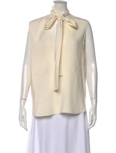 Pre-owned Oscar De La Renta Silk Tie Neck Blouse In Neutral