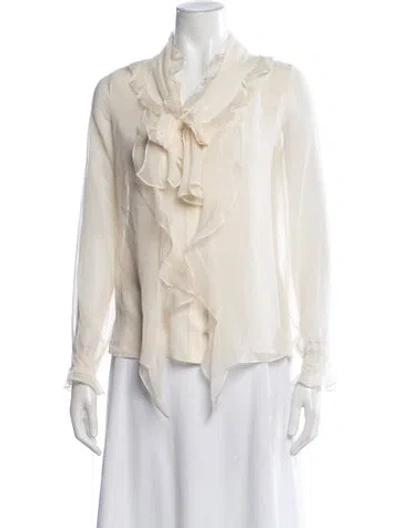 Pre-owned Oscar De La Renta Silk Tie Neck Blouse In Neutral