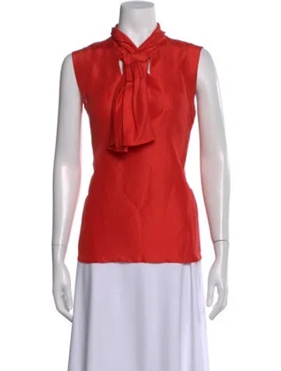 Pre-owned Oscar De La Renta Silk Tie Neck Blouse W/ Tags In Orange