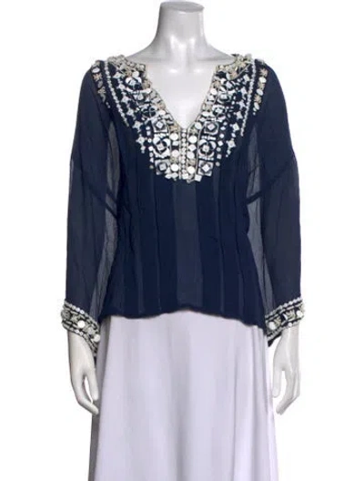 Pre-owned Oscar De La Renta Silk V-neck Blouse In Blue