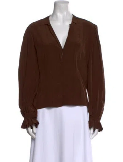 Pre-owned Oscar De La Renta Silk V-neck Blouse In Brown