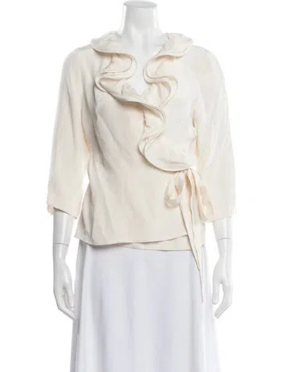 Pre-owned Oscar De La Renta Silk V-neck Blouse In Neutral