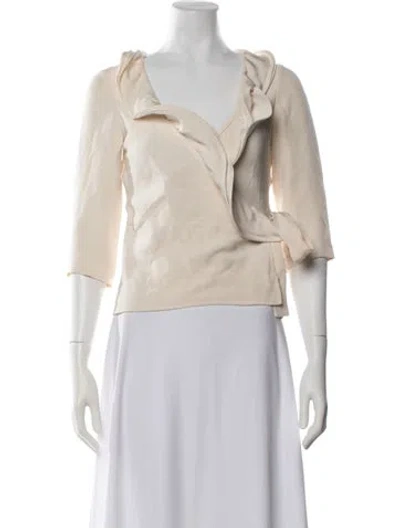Pre-owned Oscar De La Renta Silk V-neck Blouse In Neutrals
