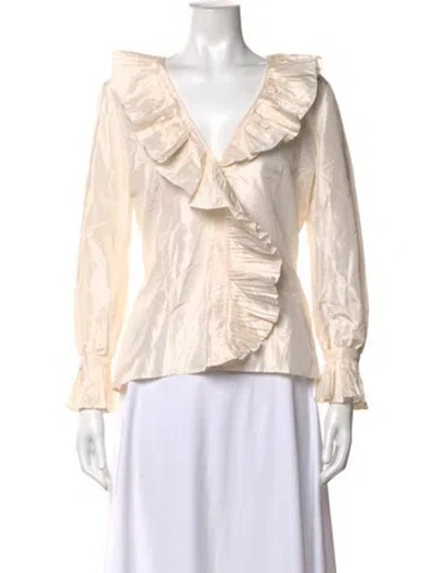 Pre-owned Oscar De La Renta Silk V-neck Blouse In Neutrals