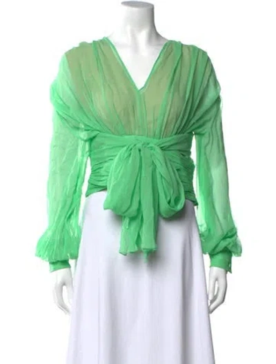 Pre-owned Oscar De La Renta Silk V-neck Blouse W/ Tags In Green