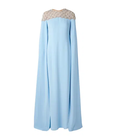 Oscar De La Renta Cape-effect Embellished Tulle-trimmed Silk-blend Georgette Gown In Blue