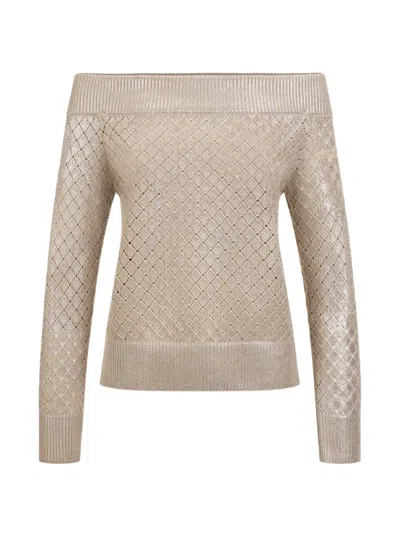 Oscar De La Renta Silver Foil Off-shoulder Pullover In Brown