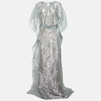 Pre-owned Oscar De La Renta Silver Lamé Embellished Kaftan Xl