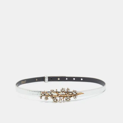 Oscar De La Renta Silver Patent Leather Crystal Embellished Belt In White