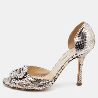 Pre-owned Oscar De La Renta Silver Python Crystal Embellished Dorsay Pumps Size 37.5