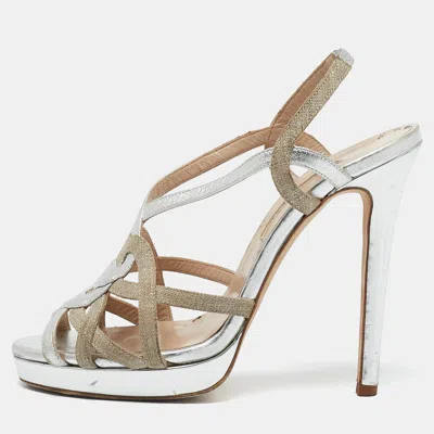 Oscar De La Renta Silver/beige Leather And Canvas Platform Sandals
