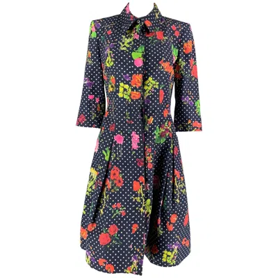 Pre-owned Oscar De La Renta Size 6 Navy Multi-color Silk Polka Dot 3/4 Sleeves Coat In Blue