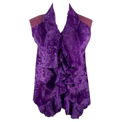 Pre-owned Oscar De La Renta Size 6 Purple Ostrich Leather Lamb Fur Eye Hook Vest