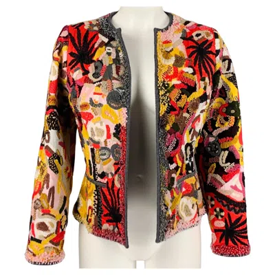Pre-owned Oscar De La Renta Size 6 Yellow Red Virgin Wool Blend Jacket