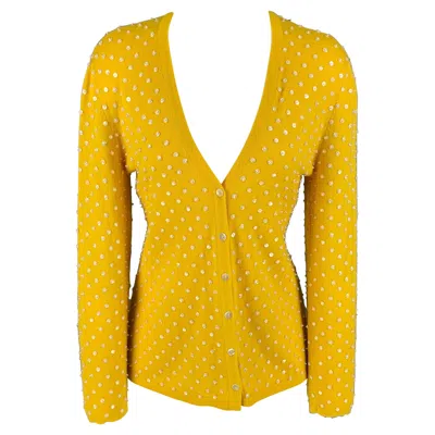 Pre-owned Oscar De La Renta Size M Yellow Cashmere Beaded Open Front Cardigan