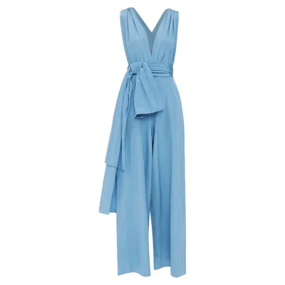 Pre-owned Oscar De La Renta Sky Blue Moire Faille Sash Tie Jumpsuit