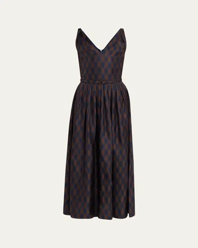 Oscar De La Renta Sleeveless Argyle Silk Belted Midi Dress In Multi