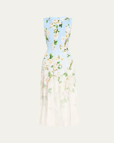 Oscar De La Renta Sleeveless Cherry Blossom Pleated Cady Midi Dress
