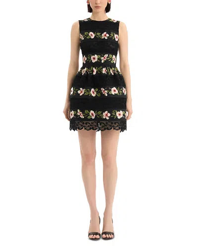 Oscar De La Renta Sleeveless Chine Hibiscus Stripes Faille Day Dress In Black