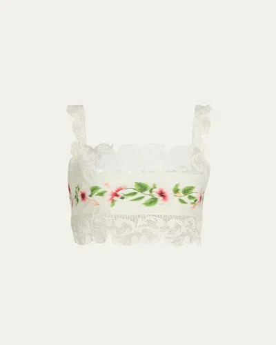 Oscar De La Renta Sleeveless Chine Hibiscus-print Lace-trim Crop Top In White