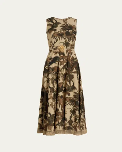 Oscar De La Renta Sleeveless Chine Palm-print Belted Midi Dress In Multi