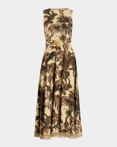 Oscar De La Renta Sleeveless Chine Palm-print Belted Midi Dress In Multi