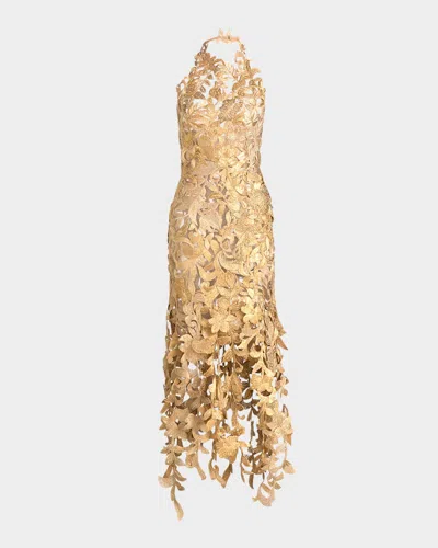 Oscar De La Renta Sleeveless Corded Floral Halter Midi Cocktail Dress In Gold