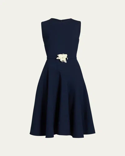Oscar De La Renta Sleeveless Crystal Belted Stretch Wool Midi Dress In Navy