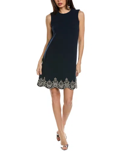 Oscar De La Renta Sleeveless Crystal Scallop Embellished Silk-lined Wool-blend  Shift Dress In Blue